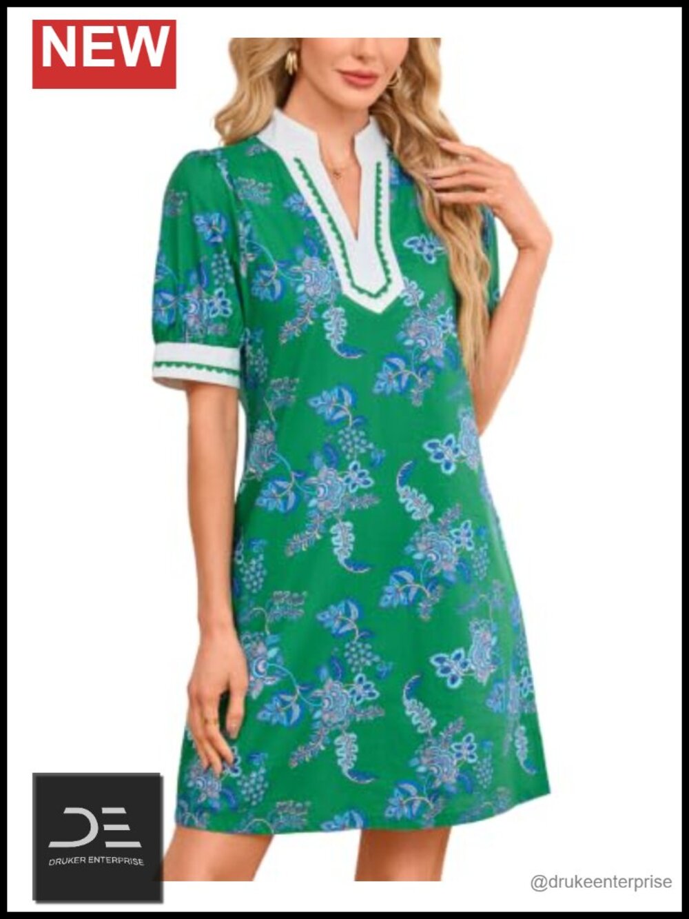 Boho Floral Puff Sleeve V Neck Mini Dress with Pockets